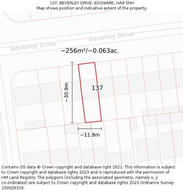 137, BEVERLEY DRIVE, EDGWARE, HA8 5NH: Plot and title map