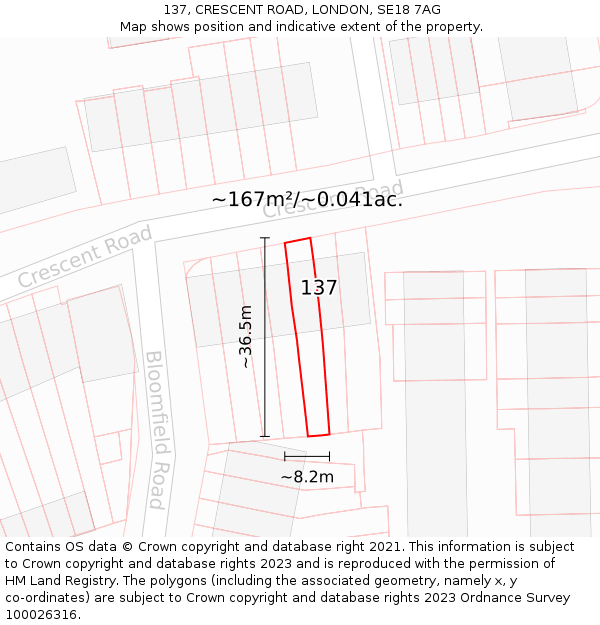 137, CRESCENT ROAD, LONDON, SE18 7AG: Plot and title map
