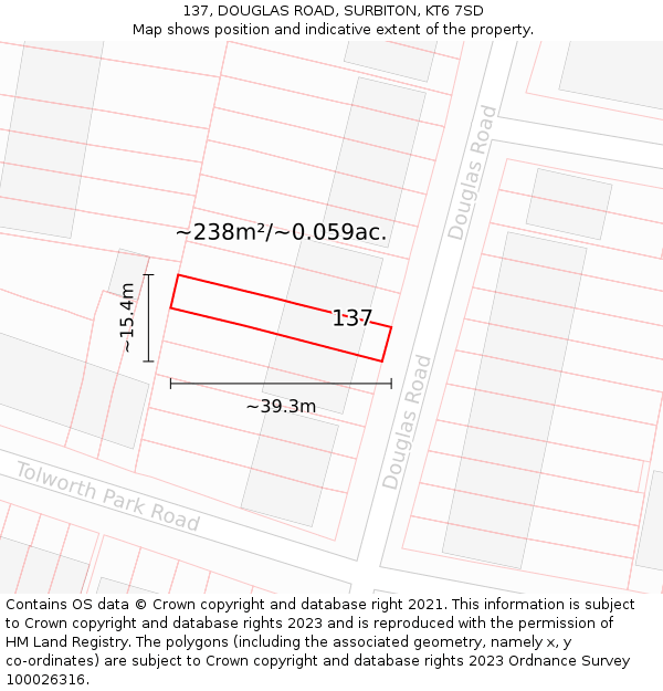 137, DOUGLAS ROAD, SURBITON, KT6 7SD: Plot and title map