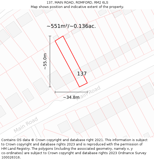 137, MAIN ROAD, ROMFORD, RM2 6LS: Plot and title map
