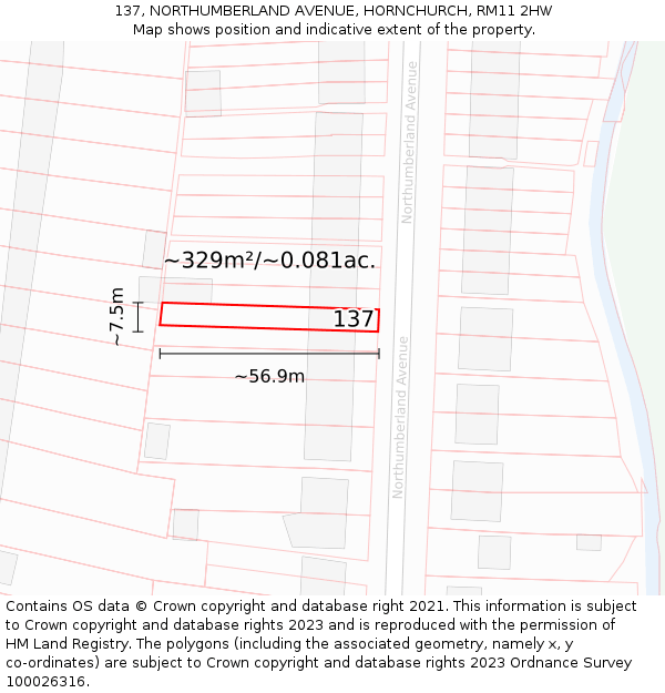 137, NORTHUMBERLAND AVENUE, HORNCHURCH, RM11 2HW: Plot and title map