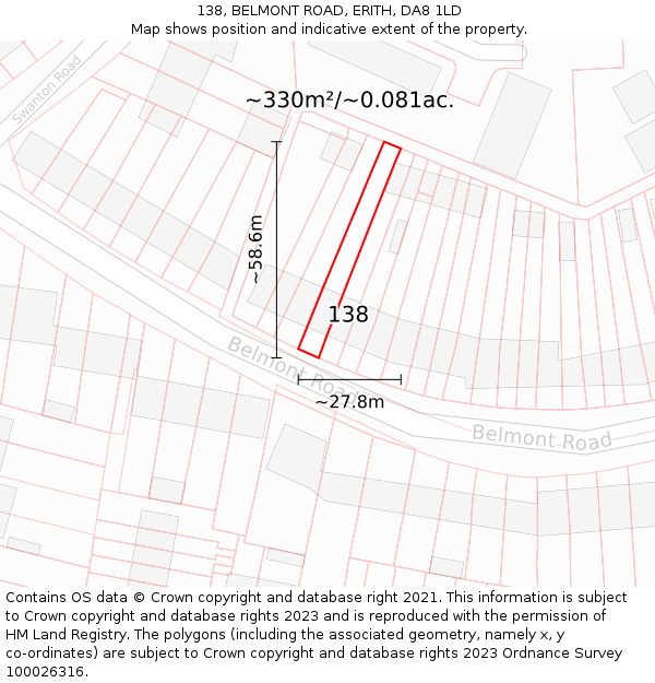 138, BELMONT ROAD, ERITH, DA8 1LD: Plot and title map