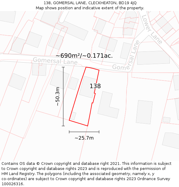 138, GOMERSAL LANE, CLECKHEATON, BD19 4JQ: Plot and title map