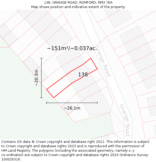 138, GRANGE ROAD, ROMFORD, RM3 7EA: Plot and title map