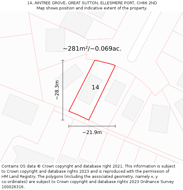 14, AINTREE GROVE, GREAT SUTTON, ELLESMERE PORT, CH66 2ND: Plot and title map