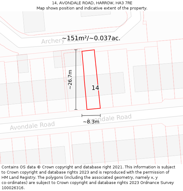 14, AVONDALE ROAD, HARROW, HA3 7RE: Plot and title map