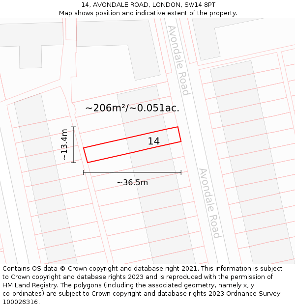 14, AVONDALE ROAD, LONDON, SW14 8PT: Plot and title map