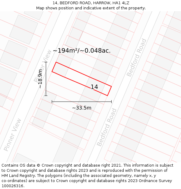 14, BEDFORD ROAD, HARROW, HA1 4LZ: Plot and title map