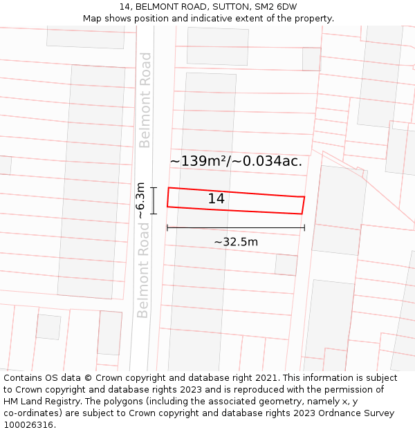 14, BELMONT ROAD, SUTTON, SM2 6DW: Plot and title map