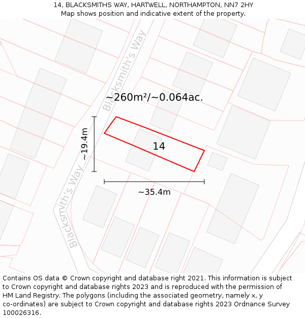14, BLACKSMITHS WAY, HARTWELL, NORTHAMPTON, NN7 2HY: Plot and title map