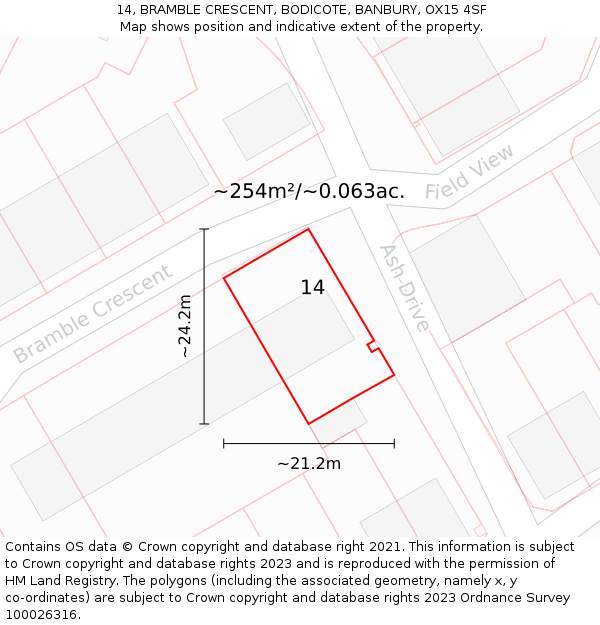14, BRAMBLE CRESCENT, BODICOTE, BANBURY, OX15 4SF: Plot and title map