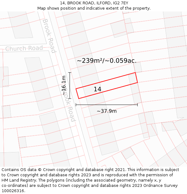 14, BROOK ROAD, ILFORD, IG2 7EY: Plot and title map