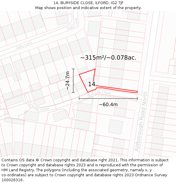 14, BURYSIDE CLOSE, ILFORD, IG2 7JF: Plot and title map