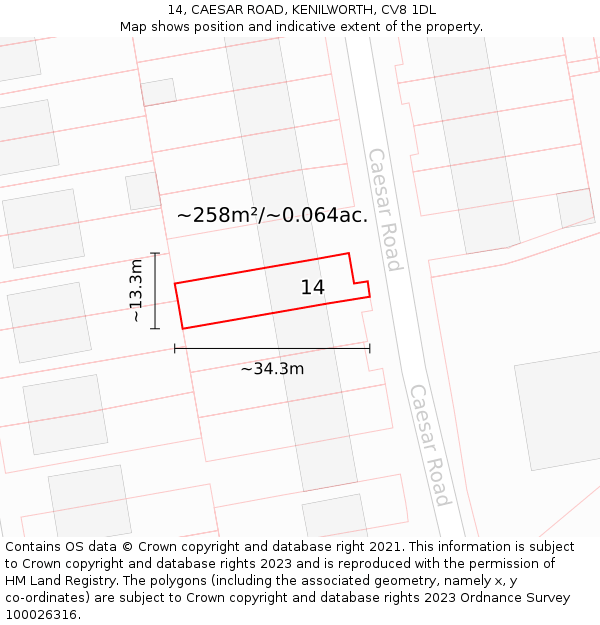 14, CAESAR ROAD, KENILWORTH, CV8 1DL: Plot and title map