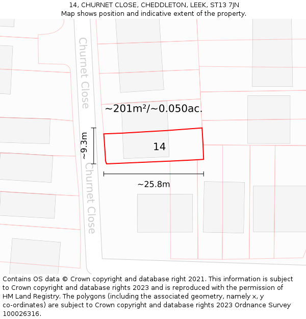 14, CHURNET CLOSE, CHEDDLETON, LEEK, ST13 7JN: Plot and title map