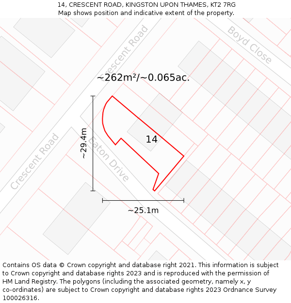 14, CRESCENT ROAD, KINGSTON UPON THAMES, KT2 7RG: Plot and title map