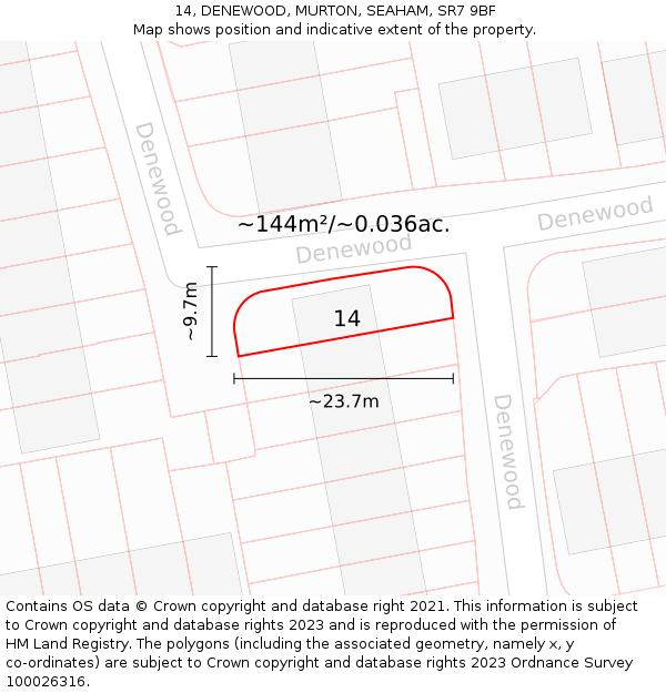 14, DENEWOOD, MURTON, SEAHAM, SR7 9BF: Plot and title map