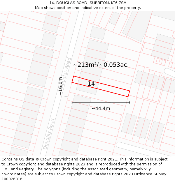 14, DOUGLAS ROAD, SURBITON, KT6 7SA: Plot and title map