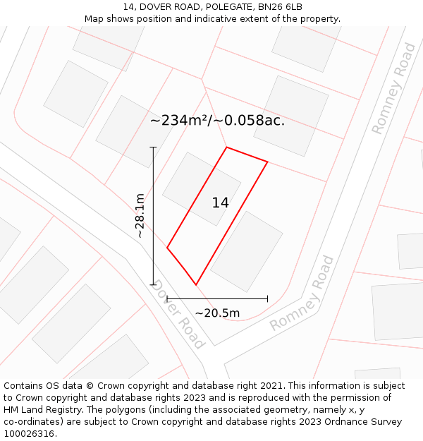 14, DOVER ROAD, POLEGATE, BN26 6LB: Plot and title map