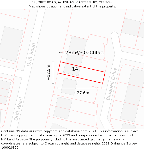 14, DRIFT ROAD, AYLESHAM, CANTERBURY, CT3 3GW: Plot and title map