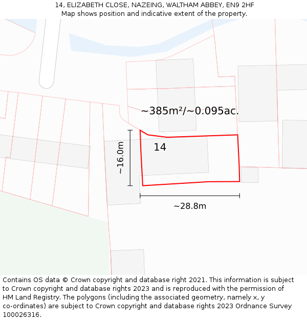 14, ELIZABETH CLOSE, NAZEING, WALTHAM ABBEY, EN9 2HF: Plot and title map