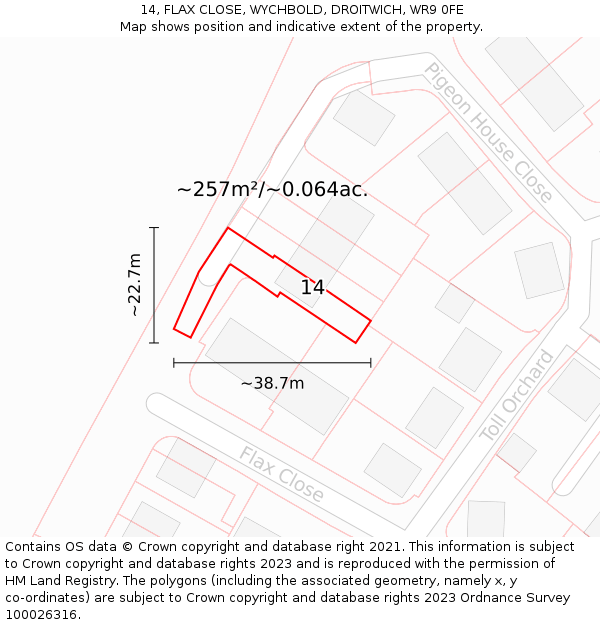 14, FLAX CLOSE, WYCHBOLD, DROITWICH, WR9 0FE: Plot and title map