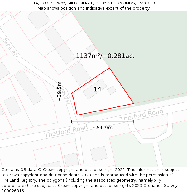 14, FOREST WAY, MILDENHALL, BURY ST EDMUNDS, IP28 7LD: Plot and title map