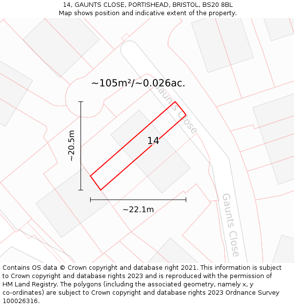 14, GAUNTS CLOSE, PORTISHEAD, BRISTOL, BS20 8BL: Plot and title map