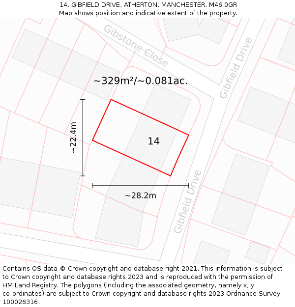 14, GIBFIELD DRIVE, ATHERTON, MANCHESTER, M46 0GR: Plot and title map