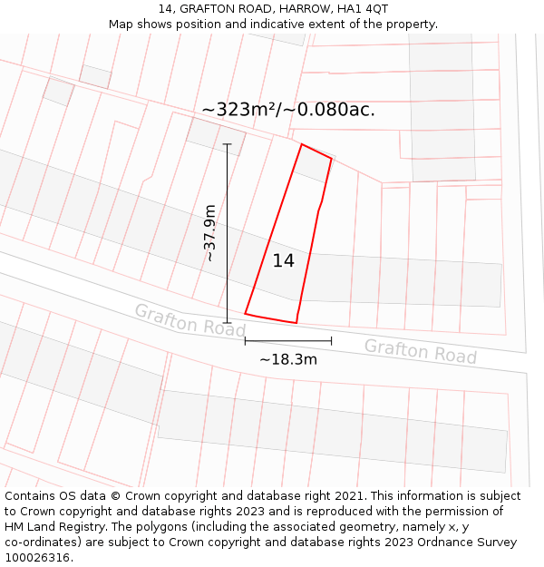 14, GRAFTON ROAD, HARROW, HA1 4QT: Plot and title map