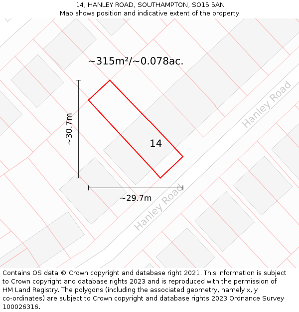 14, HANLEY ROAD, SOUTHAMPTON, SO15 5AN: Plot and title map