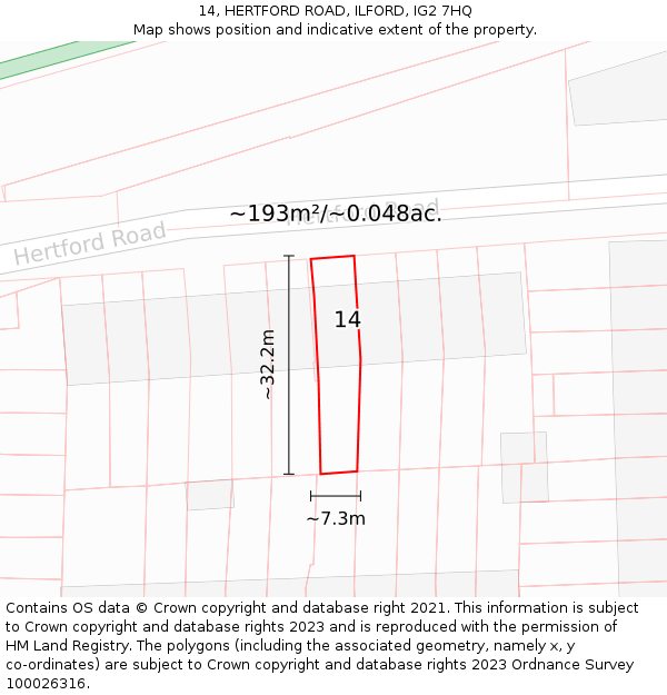 14, HERTFORD ROAD, ILFORD, IG2 7HQ: Plot and title map