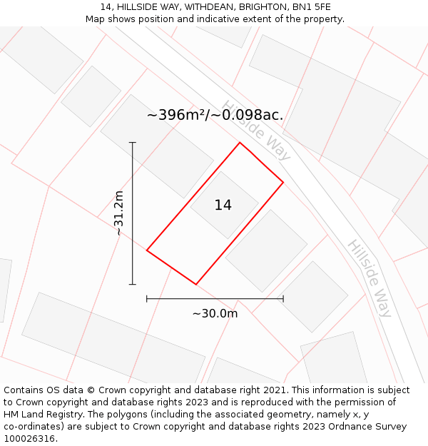 14, HILLSIDE WAY, WITHDEAN, BRIGHTON, BN1 5FE: Plot and title map