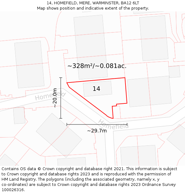 14, HOMEFIELD, MERE, WARMINSTER, BA12 6LT: Plot and title map