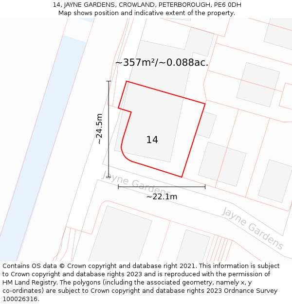 14, JAYNE GARDENS, CROWLAND, PETERBOROUGH, PE6 0DH: Plot and title map