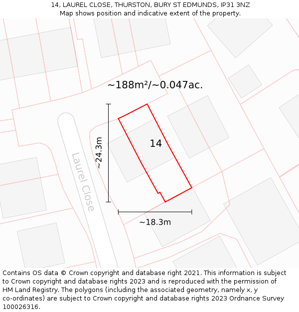 14, LAUREL CLOSE, THURSTON, BURY ST EDMUNDS, IP31 3NZ: Plot and title map