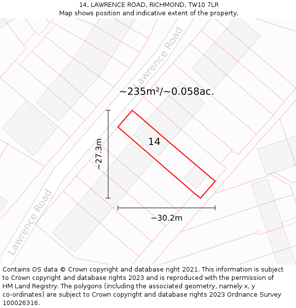 14, LAWRENCE ROAD, RICHMOND, TW10 7LR: Plot and title map