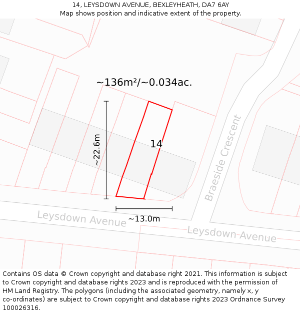 14, LEYSDOWN AVENUE, BEXLEYHEATH, DA7 6AY: Plot and title map