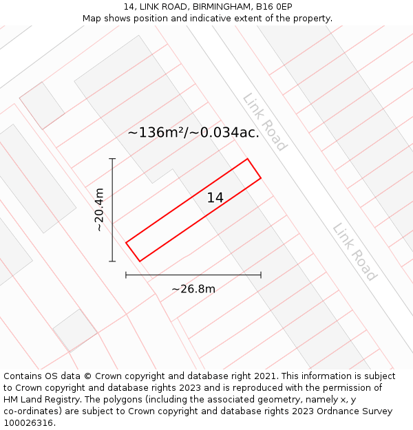 14, LINK ROAD, BIRMINGHAM, B16 0EP: Plot and title map