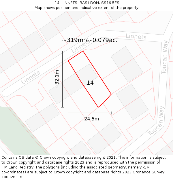 14, LINNETS, BASILDON, SS16 5ES: Plot and title map