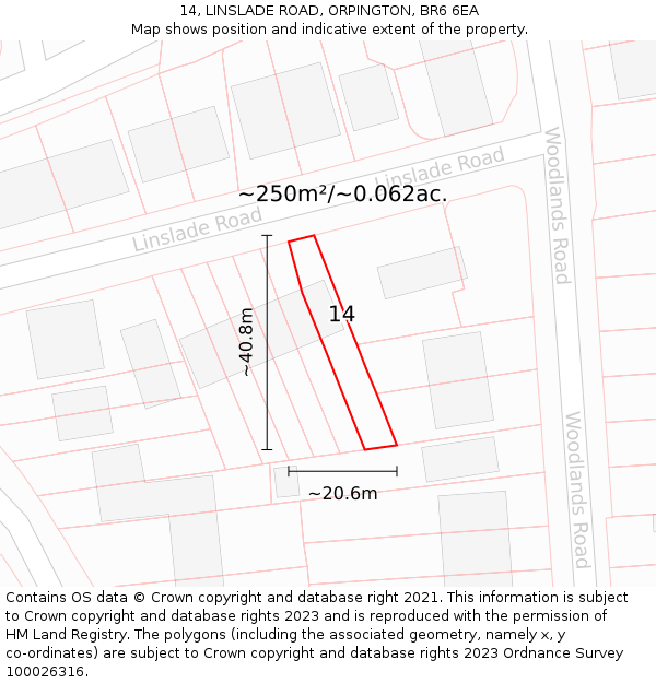 14, LINSLADE ROAD, ORPINGTON, BR6 6EA: Plot and title map