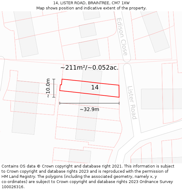 14, LISTER ROAD, BRAINTREE, CM7 1XW: Plot and title map