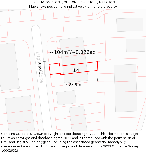 14, LUPTON CLOSE, OULTON, LOWESTOFT, NR32 3QS: Plot and title map