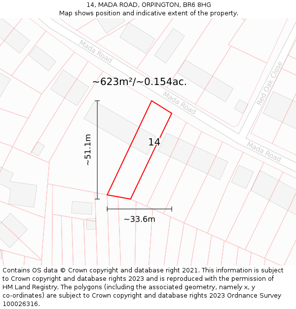 14, MADA ROAD, ORPINGTON, BR6 8HG: Plot and title map