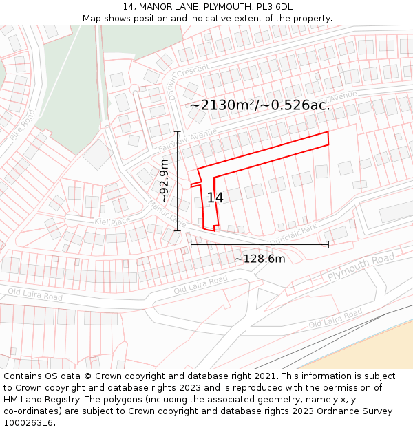 14, MANOR LANE, PLYMOUTH, PL3 6DL: Plot and title map