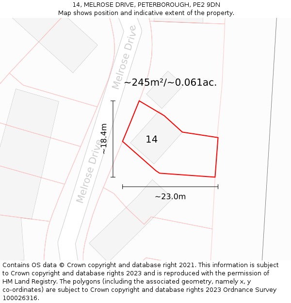 14, MELROSE DRIVE, PETERBOROUGH, PE2 9DN: Plot and title map