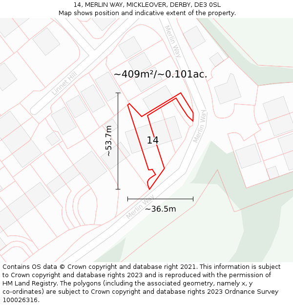 14, MERLIN WAY, MICKLEOVER, DERBY, DE3 0SL: Plot and title map