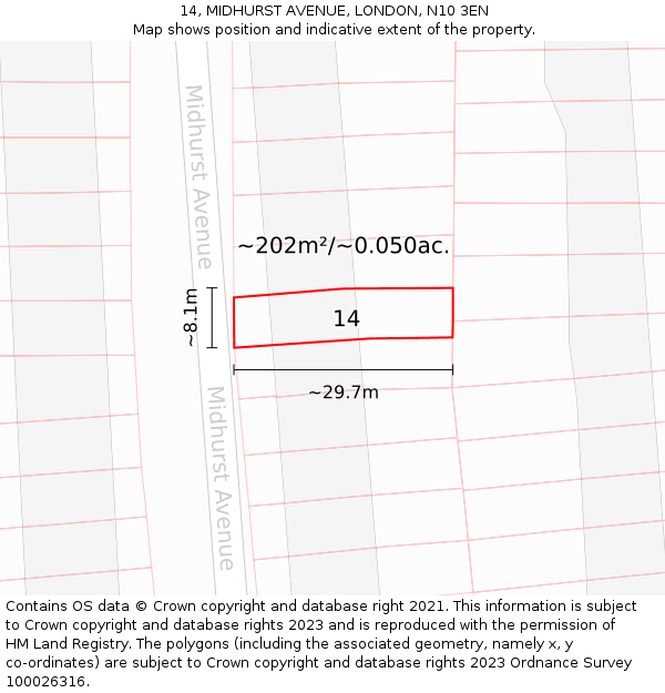 14, MIDHURST AVENUE, LONDON, N10 3EN: Plot and title map