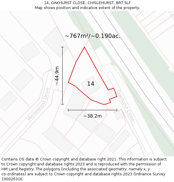 14, OAKHURST CLOSE, CHISLEHURST, BR7 5LF: Plot and title map