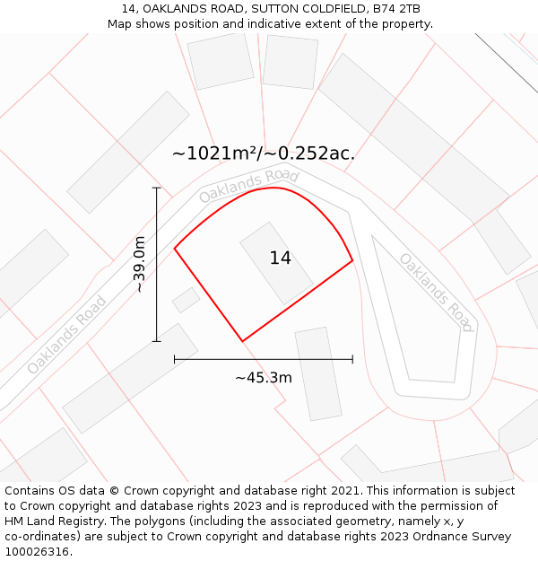 14, OAKLANDS ROAD, SUTTON COLDFIELD, B74 2TB: Plot and title map